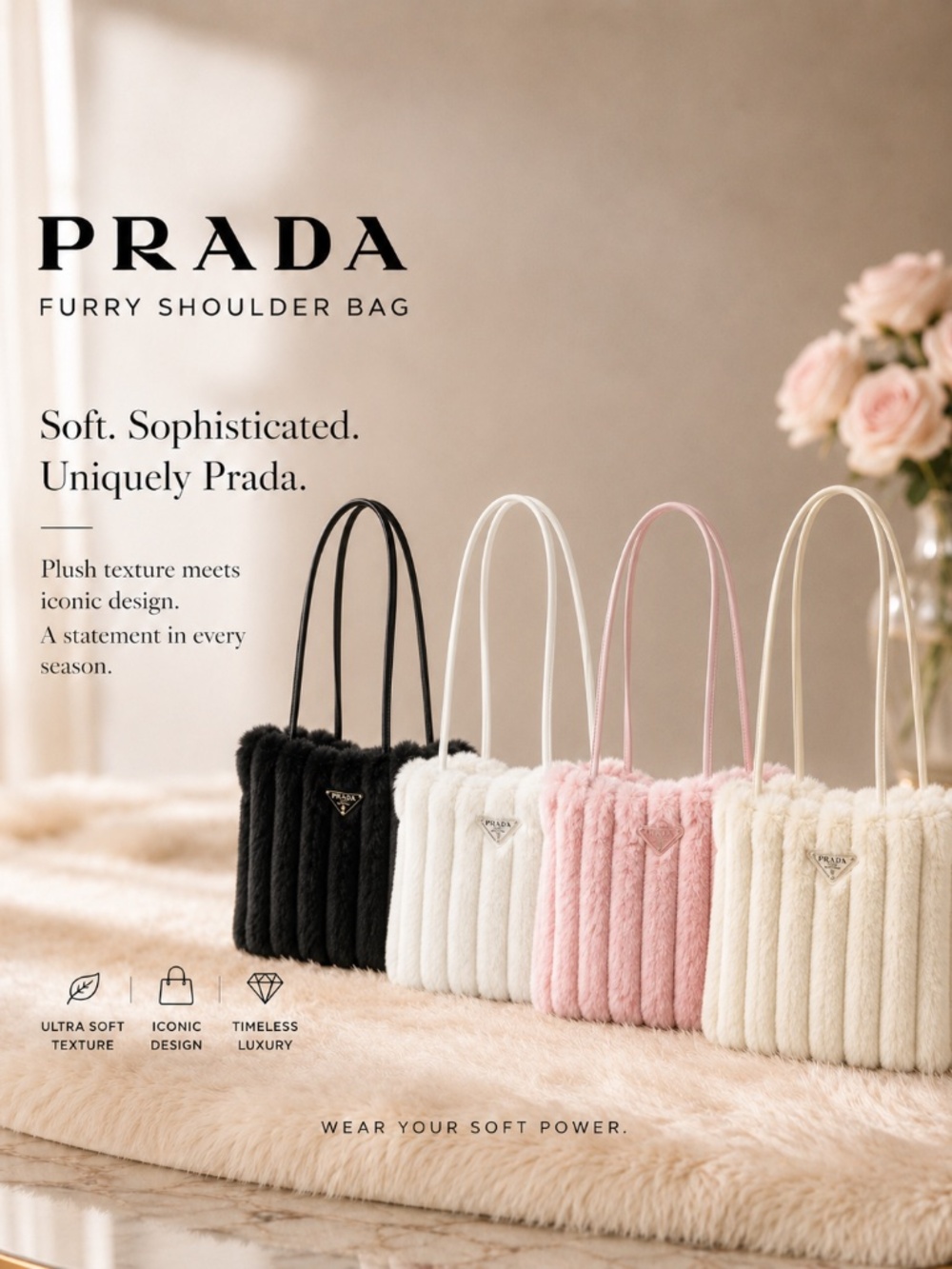 Prada Soft Pink Faux Fur Shoulder Tote Bag Triangle Logo Luxury Handbag